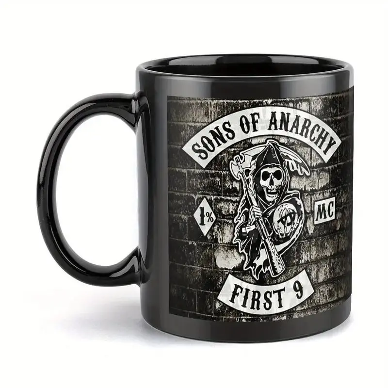 Sons of Anarchy Official Reaper Skull Mug with Sons of Anarchy MC Logo - Heavy-Duty Ceramic Coffee Cup, Black Reaper Design for SOA Fans, Motorcycle Clubs, Home,
