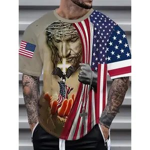 Men's Christian American Flag T-Shirt, 3D Print Jesus Cross & Eagle, Heavyweight Short Sleeve Shirt, Summer Casual Wear
