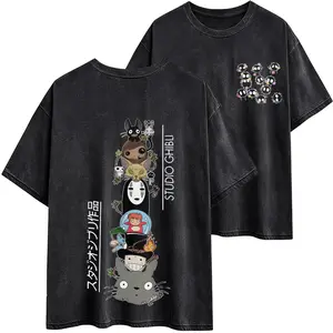 Vintage Washed Studio Ghibli Anime Graphic T-Shirt - Y2K Streetwear Oversized Tee for Totoro, Spirited Away & Howl's Moving Castle Fans - Perfect Gift for Anime Lovers
