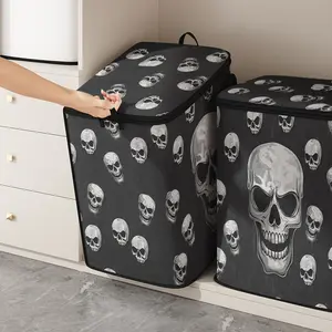 Cute Skull Print Blanket Storage Carrying Bag, Durable Material, Easy Carry Handle, Perfect for Halloween Home Use, Store Blankets & Toys, Fabric Storage Organizer