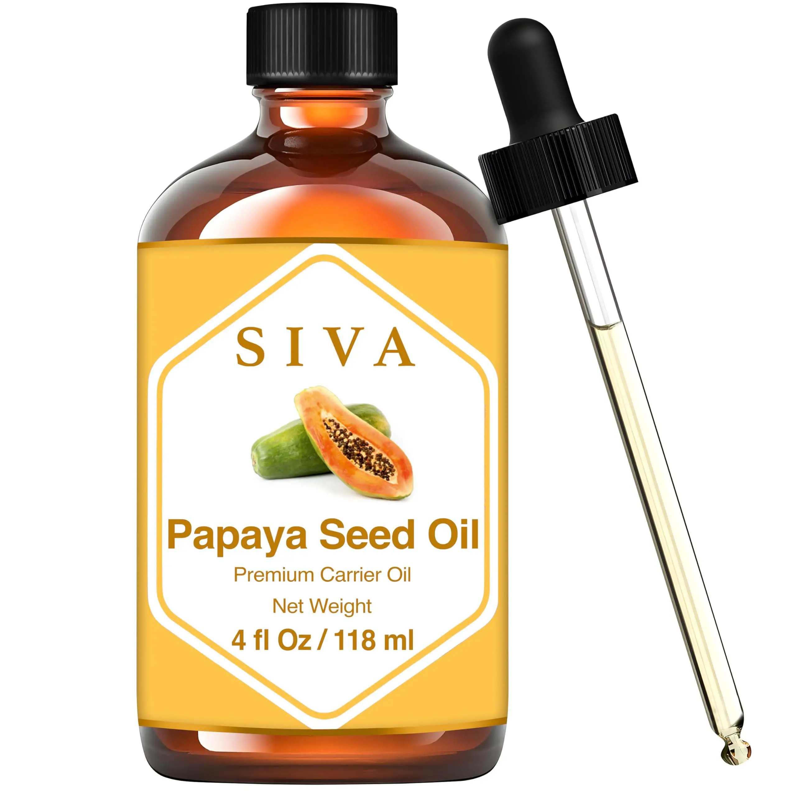 Siva 100% Natural Papaya Seed Oil, 4oz (118ml) Premium Cold-Pressed Nutrient-Rich Carrier Oil with Dropper Included, Moisturizing Body Care Product for Aromatherapy, Face & Hair