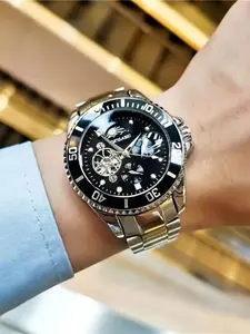 Men's Mechanical Watch, Luminous Waterproof Moon Phase, Stainless Steel Band, Casual Business Style, Best Gift for Him