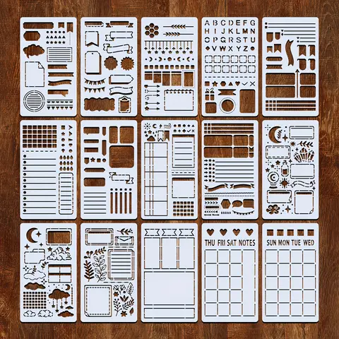 【Black Friday】15pcs Reusable Plastic Templates for Journals, Planners and Scrapbooks, Scrapbook Materials, Journaling Scrapbooking Kit, Includes Lists, Flowcharts, Creative Designs, Perfect for DIY Projects