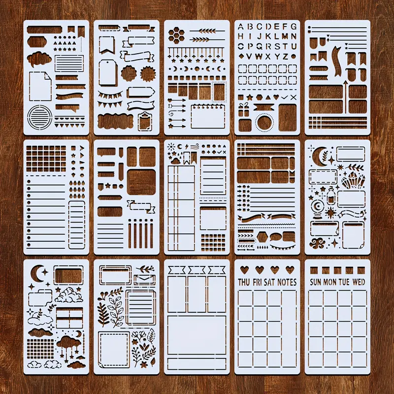 【Black Friday】15pcs Reusable Plastic Templates for Journals, Planners and Scrapbooks, Scrapbook Materials, Journaling Scrapbooking Kit, Includes Lists, Flowcharts, Creative Designs, Perfect for DIY Projects