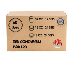 60 Pack - Deli Food Storage Containers with Lids [24-8 oz, 24-16 oz, 12-32 oz] - BPA Free, Microwave and Freezer Safe Kitchen Plastic Round Utensils