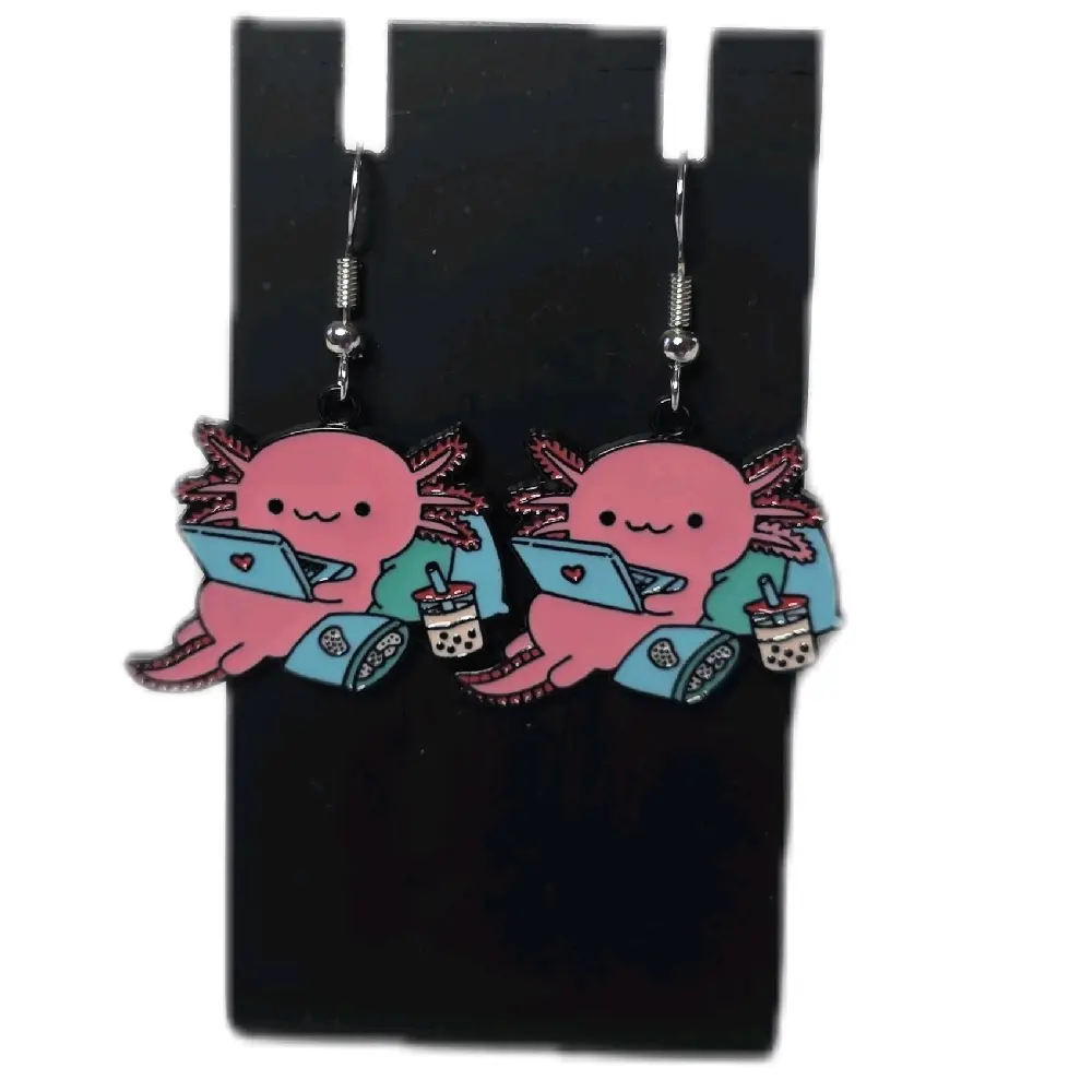 Axolotl on Laptop with Boba Earrings - Hook Earrings with Stainless Steel Ear Wire, Enameled Charms
