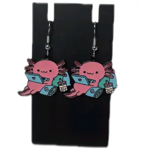 Axolotl on Laptop with Boba Earrings - Hook Earrings with Stainless Steel Ear Wire, Enameled Charms