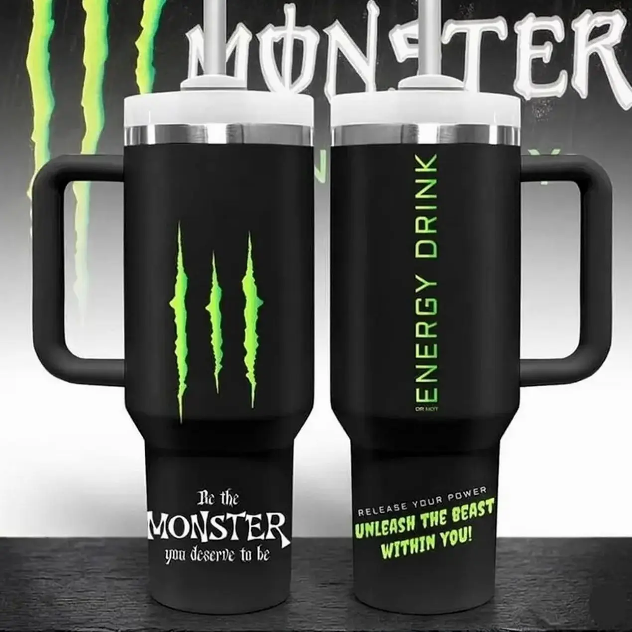 Monster Energy Inspired Tumbler Cup 40oz With Handle & Straw, Unleash The Best With You Stainless Steel Mug, Perfect For Gym Lovers & Gamers, Aesthetic Green Black Mug, Flasks Viral Gift Idea 2026