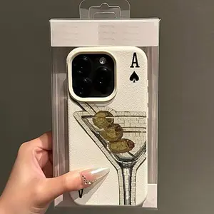 Vintage White Antique Martini Glass with Black Spade Pattern TPU Full-Body Anti-Drop Precise Case for Apple iPhone 11/12/13/14/15/16/17 Pro Max, Suitable as a Birthday and Christmas Gift for Couples, Women, Daughters, Boyfriends, Girlfriends, Teenage Girl