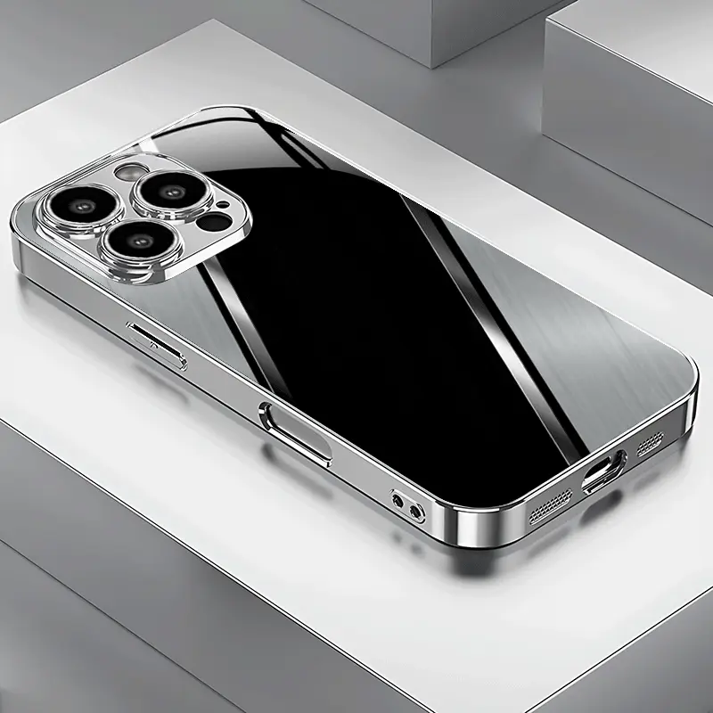 High-End Tempered Glass iPhone Casing for iPhone 11-12-12 Pro-13-14-15-16-17 Pro Max, Electroplated Silver Back Cover, Drop-Safe Glass Accessory with Camera Cutouts, Shockproof, Durable, Lightweight, Glossy, Scratch-Resistant Protection