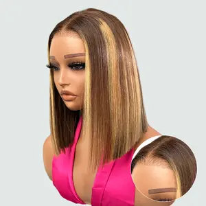 [FREE UPGRADE] West Kiss Highlight Glueless Human Hair Wigs Short Straight 7x4 Lace Closure Bob Wig Pre Cut Pre Plucked Human Hair Wigs