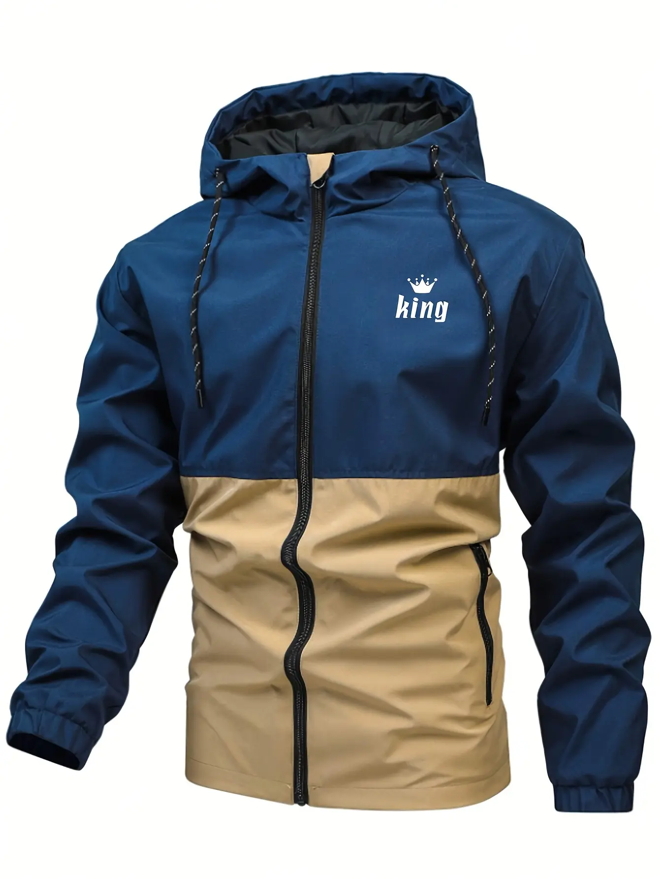 King Brand 2025 New Casual Hooded Jacket Men's Spring Autumn Windproof Waterproof Top Loose Plus Size Outdoor Sports Coat Blue & Beige men multi-pocket ski resorts