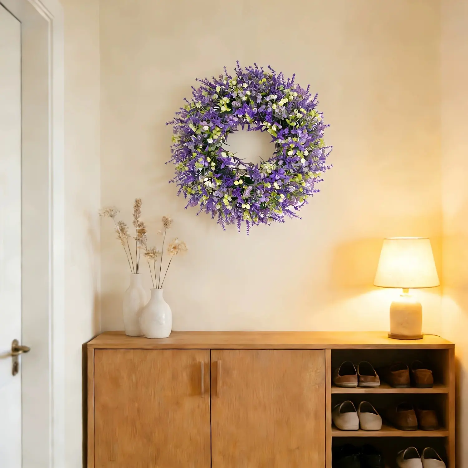 1pc Summer Artificial Violet Flower Wreath, Home Decor Door Ornament, Realistic Plant Hanging Decoration, Indoor Wall Art, Decorative Flower Ornaments, Flower Design, Faux Flower Wreath