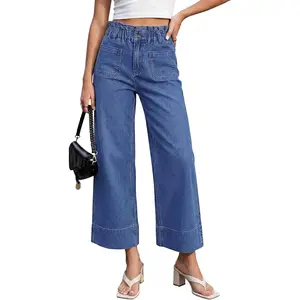 Wide Leg Jeans for Women Cropped High Waisted Patch Pocket Paper Bag Waist Stretchy Denim Pants Trouser Jeans