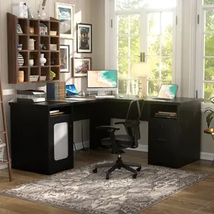 60" x 60" Modern L-Shape Desk with File Cabinet and 2 Wooden Drawers, Sturdy Homer Office Executive Desk with Charge Station, Load capacity 600 lbs