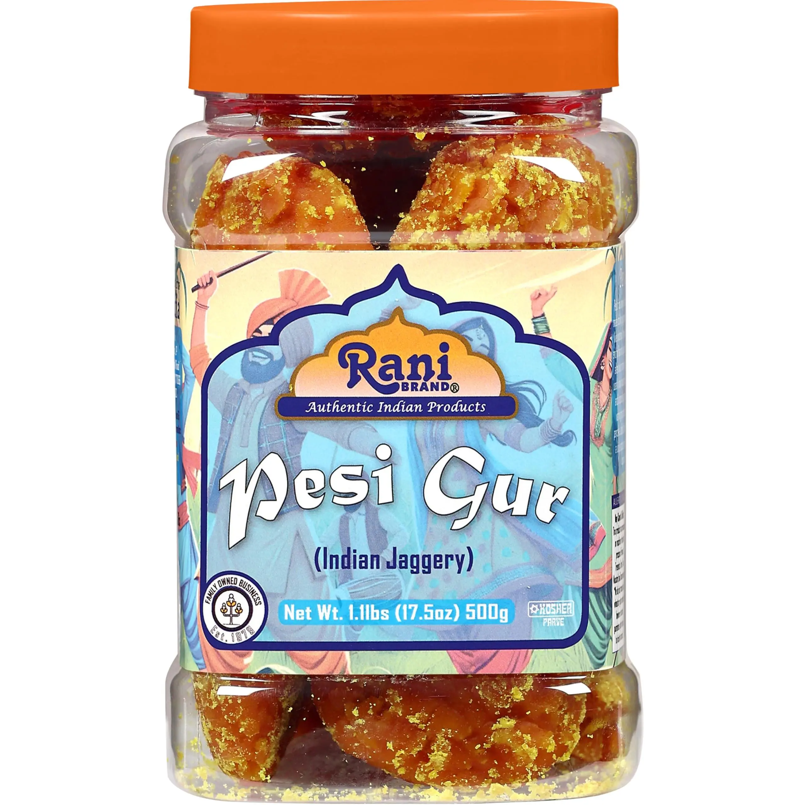 Rani Pesi Gur (Jaggery) Indian Unrefined Raw Cane Sugar 17.5oz (1.1lbs) 500g PET Jar ~ Gluten Friendly | Vegan | NON-GMO | Kosher | No Salt or fillers | Indian Product