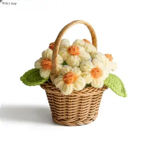 Handmade Crocheted Wool Puff Blue Flower Mini Potted Plant - Durable Knitted Decorative Eternal Desktop Ornament, Ideal Gift for Home Office Desk (Housewarming, Birthday)