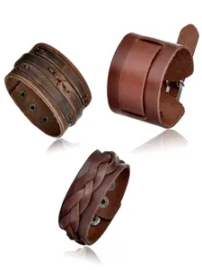 3 Pcs Leather Cuff Bracelet Set Vintage & Fashionable Style (Adjustable Size, Multi-Design: Braided/Stitched, Genuine Leather Material) for Men & Women (Daily Wear & Fashion Styling)
