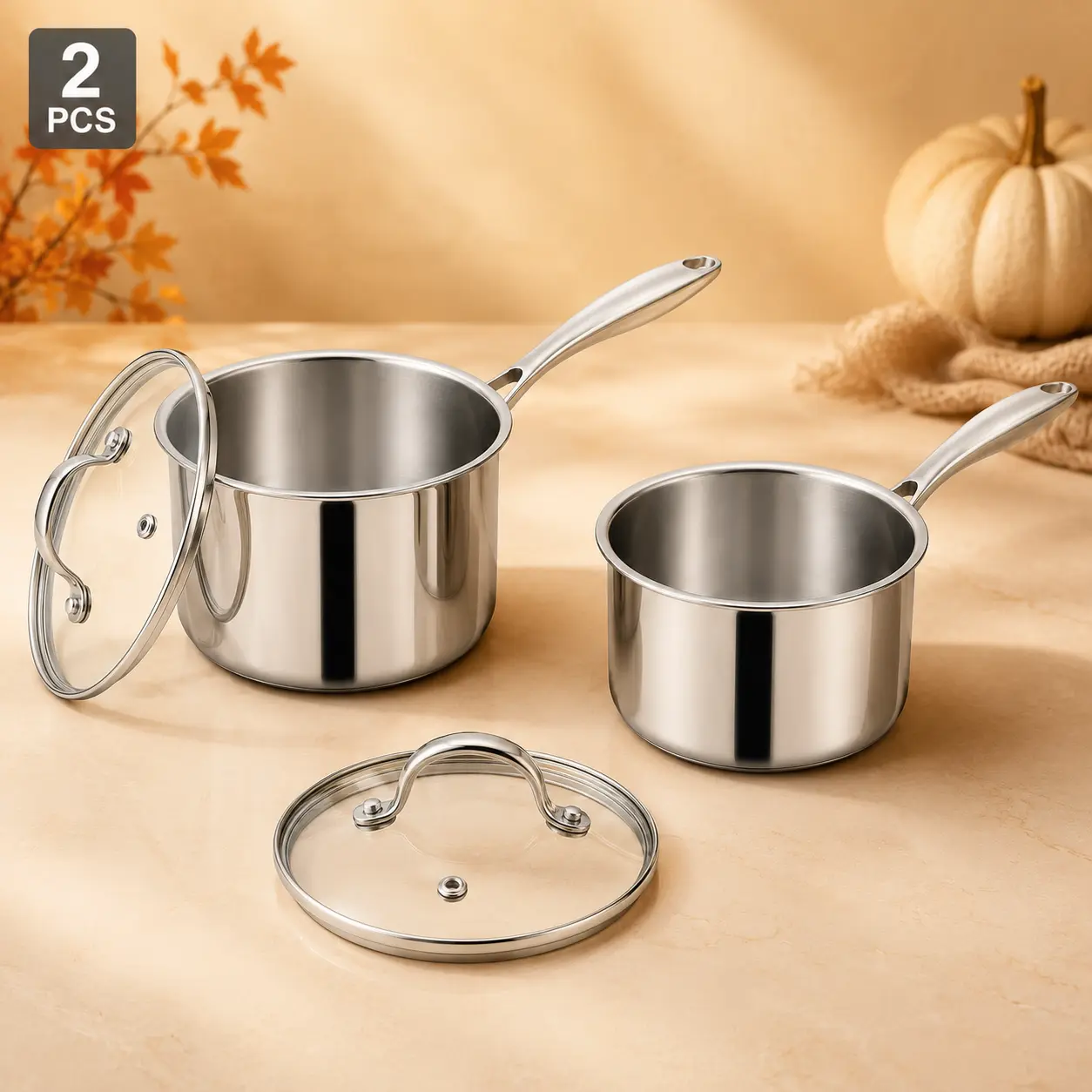 Stainless Steel 2-Piece Saucepan Cookware Set with Glass Lids, Long Handles, Small Size, Ideal for Home Cooking, Everyday Use, Milk, Soup, Two Piece Set