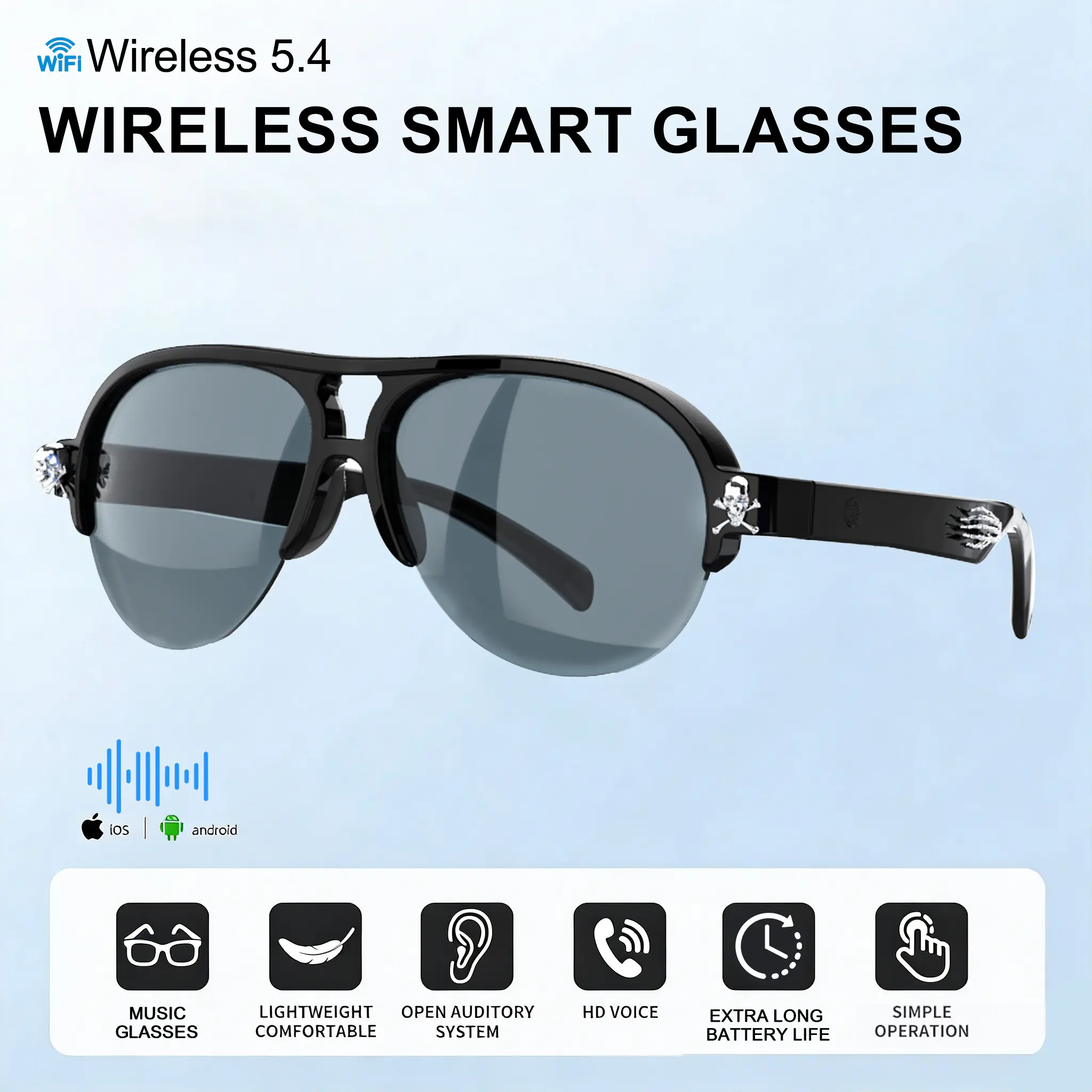 DVKIX 2026 New Multifunctional Futuristic Wireless Bluetooth Audio Glasses - Skull Decoration, Voice Call, Music Playback, Anti-Blue Light, Ideal for Driving/OOTD (Father's Day Gift Option)