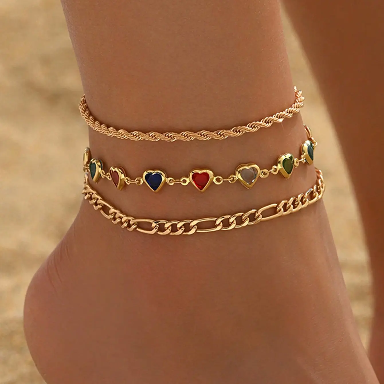 MaxBling81 3-Piece Multilayer Anklet Set, Elegant Beaded Jewelry with Gold Metal Coating, Adjustable with Clover Charms for Female Beach Parties