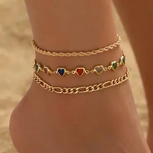 MaxBling81 Women's 3-Piece Multilayer 9-in Gold Metal Coating Anklet, Handmade Adjustable Shiny Mixed-Color Beach Jewelry, for Daily Wear & Beach Vacations, Female