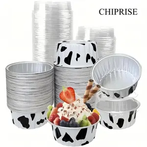 50 mini aluminum foil cupcake cups, 5 oz. lidded baking cups, disposable mini cake molds, lidded bread pans, disposable baking bowls, tin cups, cupcakes, puddings, muffins (cow print)