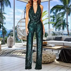 Sexy Folds Deep V-neck Sequin Jumpsuits Fashion Slim Sleeveless Backless Straight Jumpsuits Elegant Party Women's Clothing Womenswear Overalls
