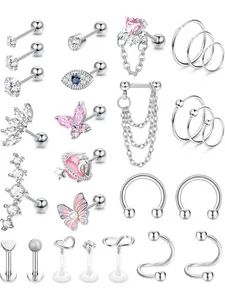 27Pcs 16G Cartilage Earrings For Women Men Tragus Piercing Jewelry Stainless Steel Conch Stud Hoop Earring Hypoallergenic Cz Butterfly Heart Evil Eye Cartilage Tragus Conch Helix Daith Piercing Jewelry