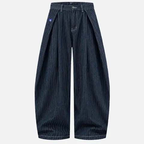 Aelfric Eden Menswear Unisex Pinstripe Embroidered Denim Pants - 3D Pleated Waist, Baggy Balloon Wide Leg, Washed Cotton-Polyester Fabric, Casual Retro Streetwear Jeans