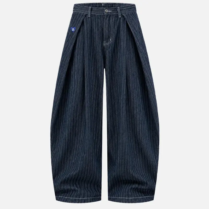 Aelfric Eden Menswear Unisex Pinstripe Embroidered Denim Pants - 3D Pleated Waist, Baggy Balloon Wide Leg, Washed Cotton-Polyester Fabric, Casual Retro Streetwear Jeans