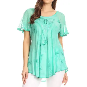 Sakkas Hana Tie Dye Relaxed Fit Embroidery Cap Sleeves Peasant Batik Blouse / Top