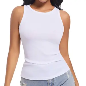 Womens Sleeveless Racerback High Neck Casual Basic Ribbed Fitted Tank Top