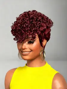 Short Curly Pixie Cut Human Hair Wigs for Women Chic Elegent Wig with Bangs Kinky Curly Wig