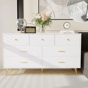 White Dresser for Bedroom, 7 Drawer Dresser, Cabinet, Wood Chest of Drawers with Gold Handles, Modern Dressers & Chests of Drawers for Living Room, Hallway