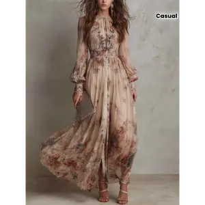 Women's Sexy Multicolor Vintage Floral Casual Chiffon Dress, Crew Neck, Long Sleeves, Ruched Waist, Poly-Cotton Mix Clothes,summervibes