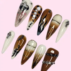 Nail Queendom [MIDNIGHT MOCHA] Handcrafted 3D Press-On Nails Reusables Long Lasting Salon Quality Easy Application 10 Pieces Set Eco-Friendly 3D-gel Finish
