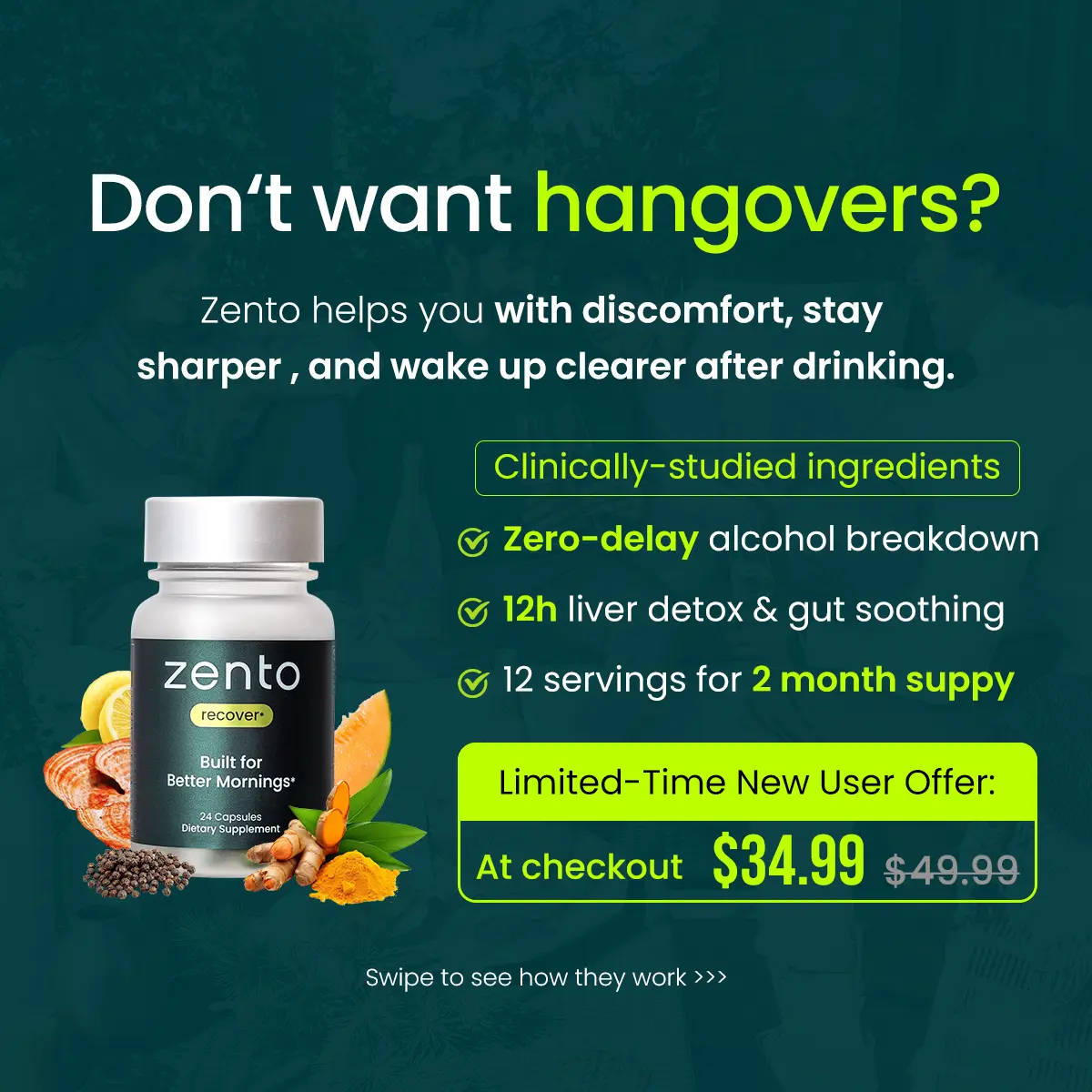 [Zento Recover] Hangover Recovery Supplement with Antrodia Cinnamomea Mushroom | Clinically Studied Ingredients | Probiotics, Antioxidants, Vitamins, Minerals, Superfoods | Full-Body Recovery  | Non-GMO | 12 Servings/24 Capsules