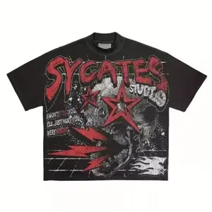 Men's SYSTEMS Studio Graphic Tee - 100% Cotton, Black with Red & White Abstract Face Design, Casual Short Sleeve Oversized T-Shirt for Streetwear