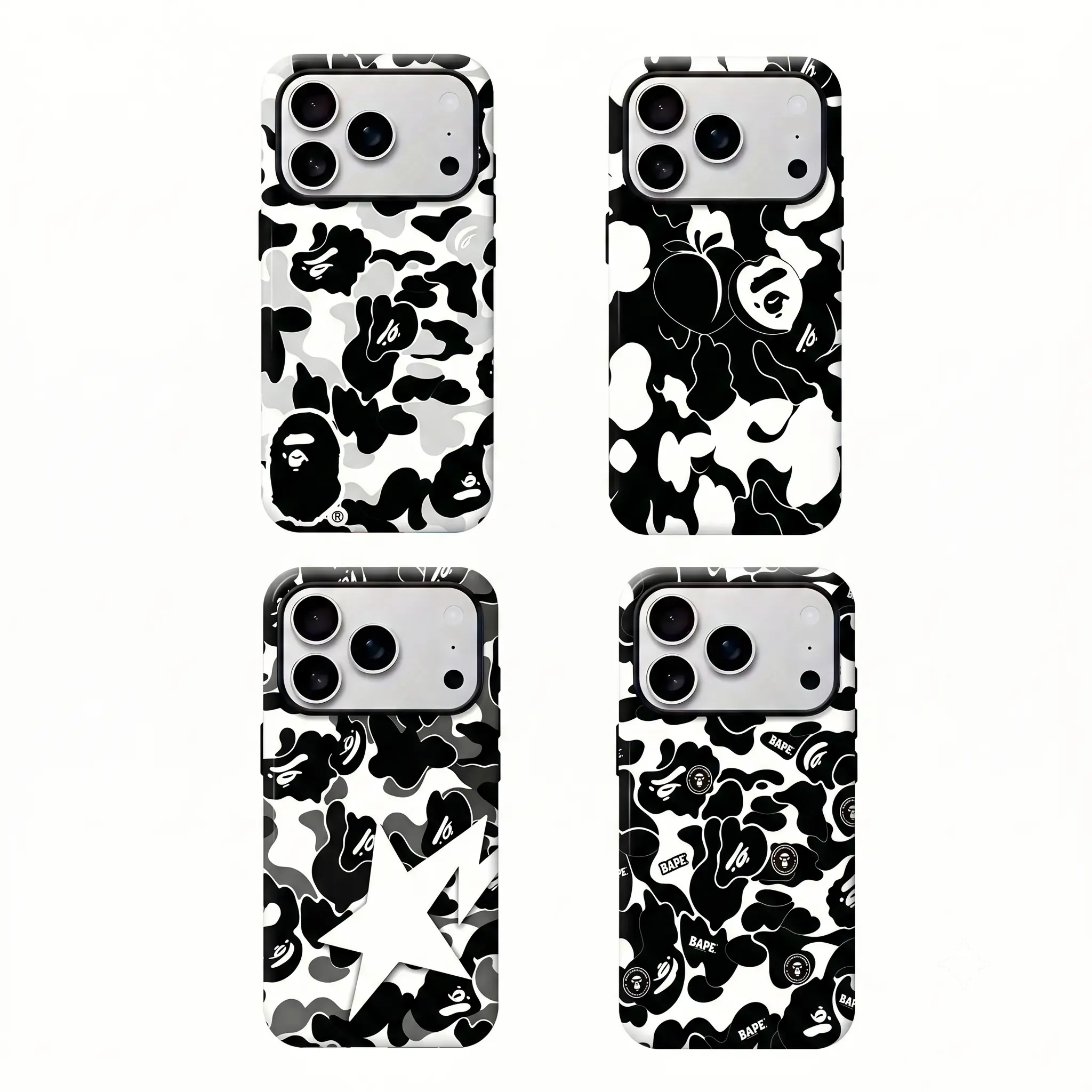 Bape black&white Camouflage Smartphone Case - Streetwear Style for iPhone17 ProMax /16/15/14/13/12/11 Plus for Samsung phones, suitable for both men and women,