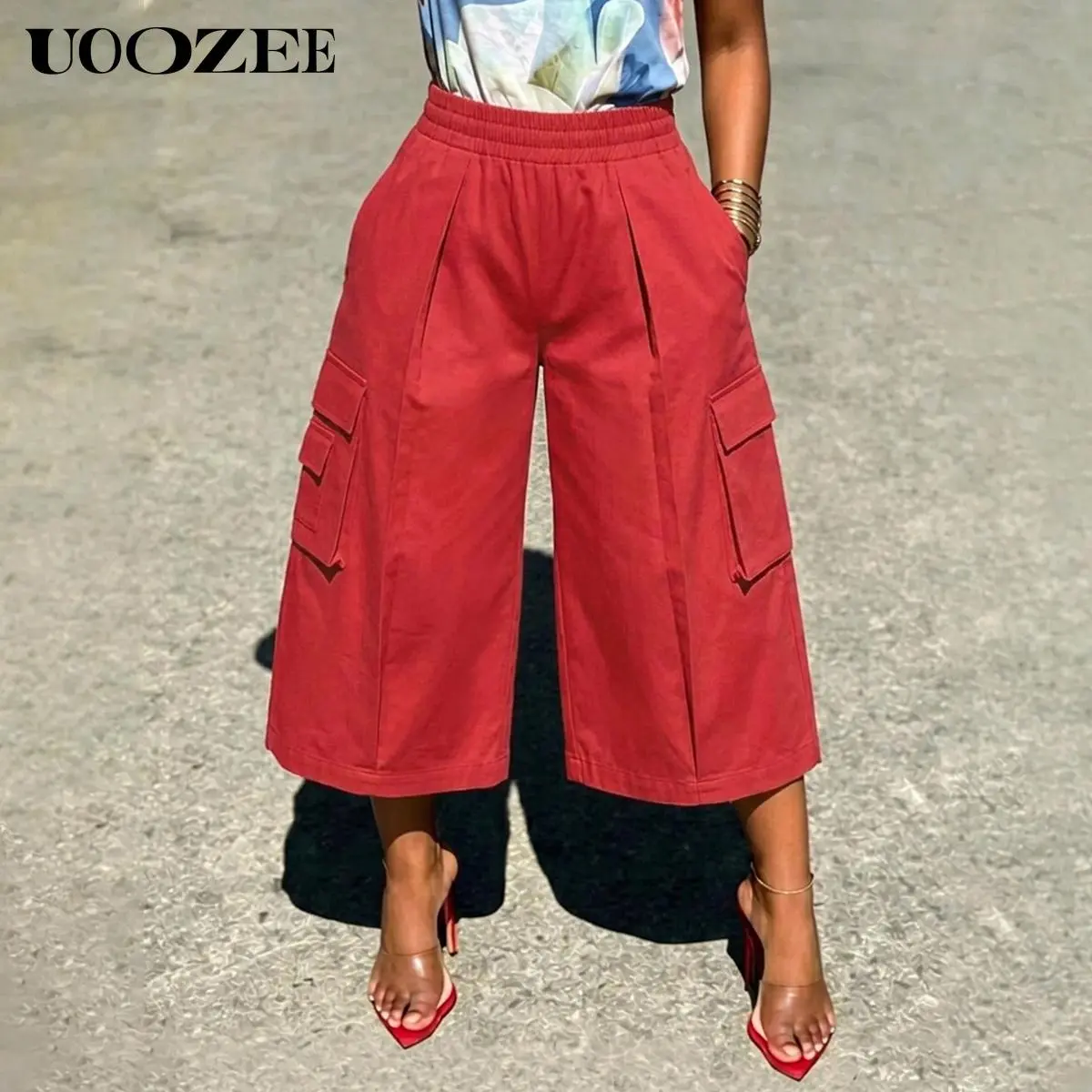 UOOZEE Women's Oversized Red 100% Cotton Cargo Capri Pants, High Elastic Elastic Waistband Wide Leg Cropped Pants,  Streetwear Utility Pants with Cargo Pockets, Casual Everyday Streetwear, Size Down for Slim Fit