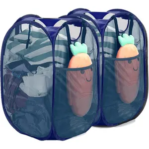 [Reinforced]  Mesh Pop-up Laundry Hamper, Quality Collapsible Laundry Basket with Durable Handles Solid Bottom High Carbon Steel Frame, Easy to Open and Fold Flat for Storage(Blue)