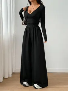 Women's Fall Winter Knitted Solid Color Long Sleeve Pleated Wide Leg Jumpsuit, Fashionable Chic Elegance High Waist Ruched Design, Casual All Match One-Piece Pants, Casual Comfy Overalls