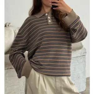 Oversized Striped Sweater for Women Collared Long Sleeve Preppy Polo Sweater Vintage Aesthetic Knitted Rugby Shirts