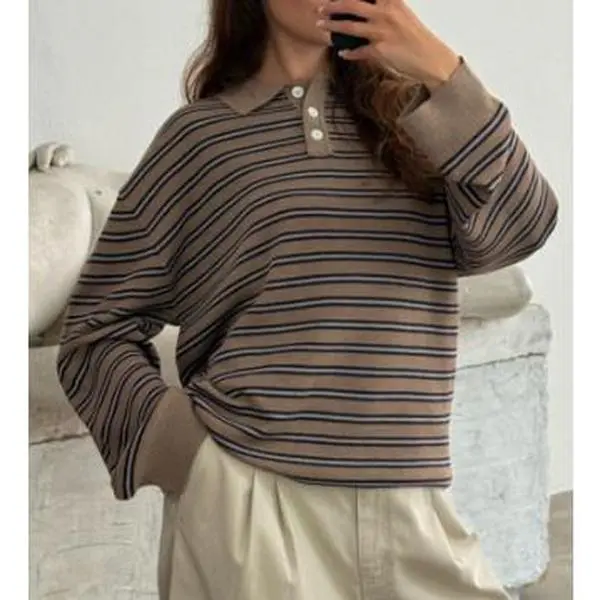 Lady's Knitted Polo Sweater, Preppy Striped Long Sleeve Oversized Collared Top, Casual Retro Aesthetic Golf Shirt, Lightweight, Fabric