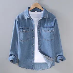 Spring Men's Lightweight New Shirt Jacket Men's Casual Spring and Autumn Long Sleeve Denim Shirt Men's Clothing  Collar Plain  Blue Menswear