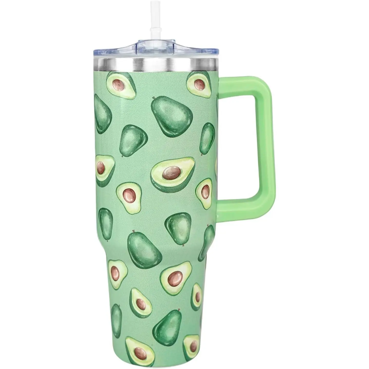 40 Oz Insulated Stainless Steel Printed Avocado Tumbler - Vacuum Flask with Handle & Straw Lid, Portable Indoor Coffee/Tea Mug, Avocado Lover Birthday Gift for Women