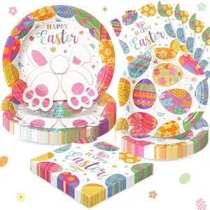 72PCS Colorful Easter Party Supplies Bunny and Eggs Disposable Paper Plates Napkins Spring Party Decorations Serves 24