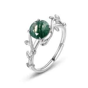 Sterling Silver Statement Round Shaped Retro Green Gemstone Branch Ring Minimalist Moss Agate Adjustable Ring For Women