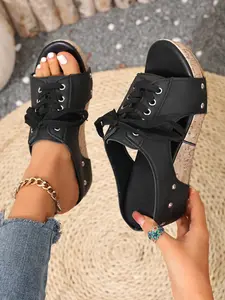 Women's Retro Vintage Strap Cork Wedge Sandals, Rivet Open-Toe Mules, Anti-Slip Comfortable Thick Sole Rubber Shoes, Ideal for Daily Wear, Outdoor Walks, Summer Vacations